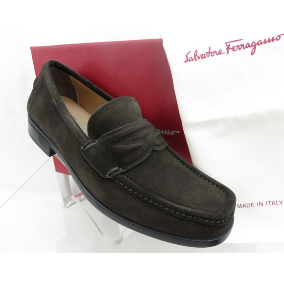 NIB FERRAGAMO LANZAROTE HICKORY BROWN SUEDE MOCCASIN LOGO PENNY LOAFERS 12 D main image 5